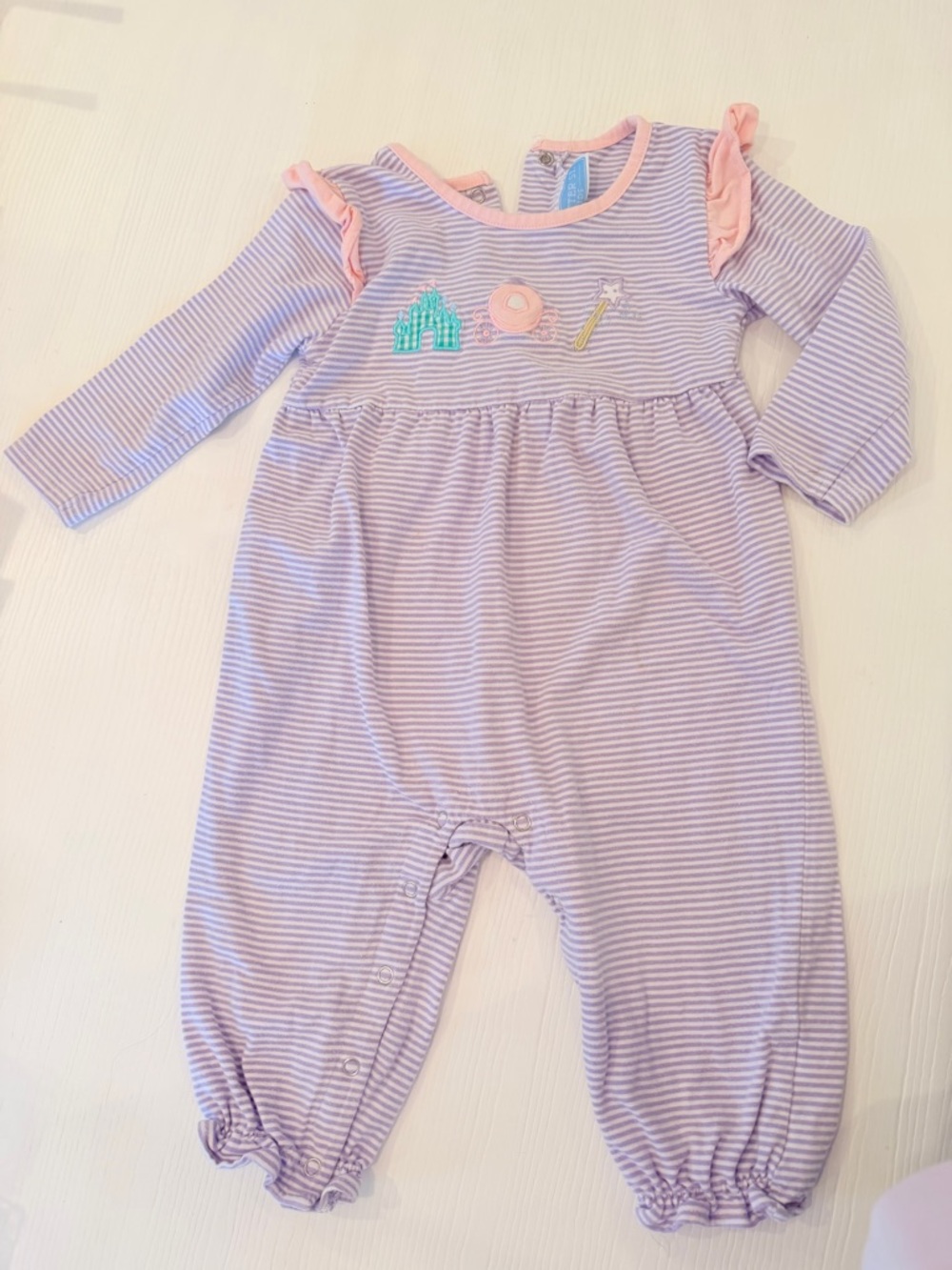 Baby Lavender & Pink Striped Footie One-Piece with Ruffle Shoulders
